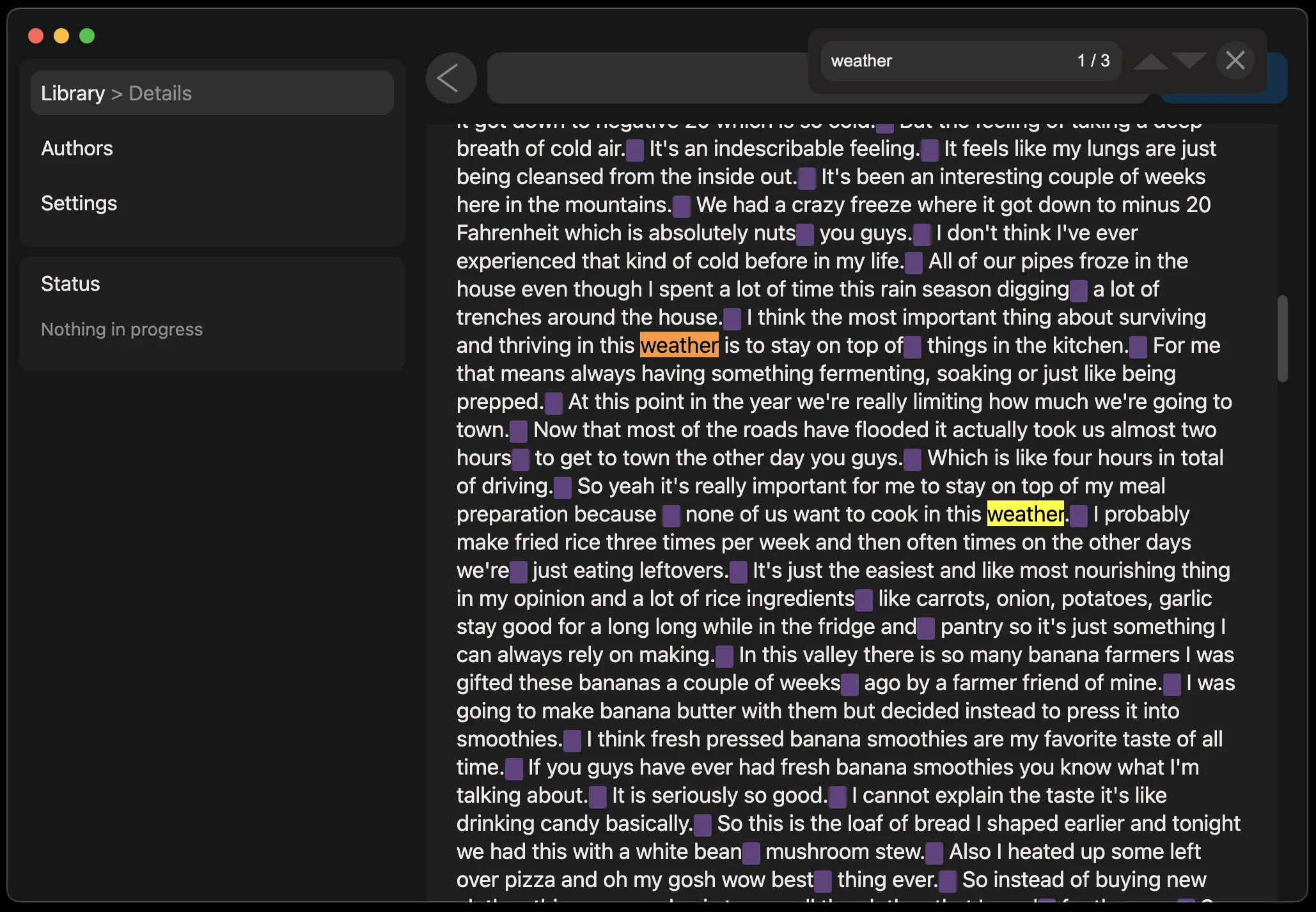 a transcript with the find box open and the found words highlighted